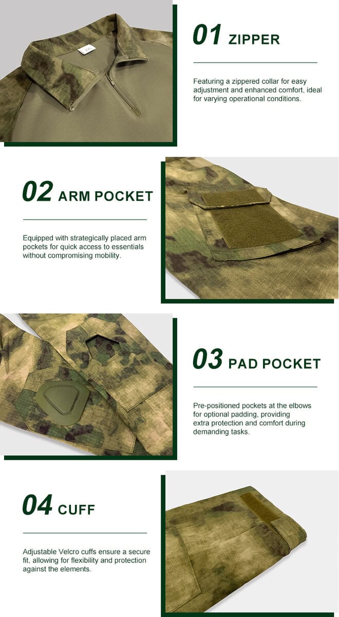 Detailed infographic of four G2 combat shirt features: zippered collar, velcro arm pocket, elbow pad pocket, and adjustable cuff.