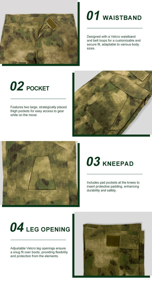 Detailed infographic of four G2 trouser features: velcro waistband, thigh pocket, knee pad pocket, and velcro leg opening.
