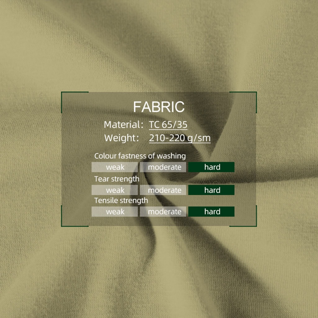 Infographic showing the durable TC 65/35 fabric specifications for the custom ATACS G2 combat uniform.