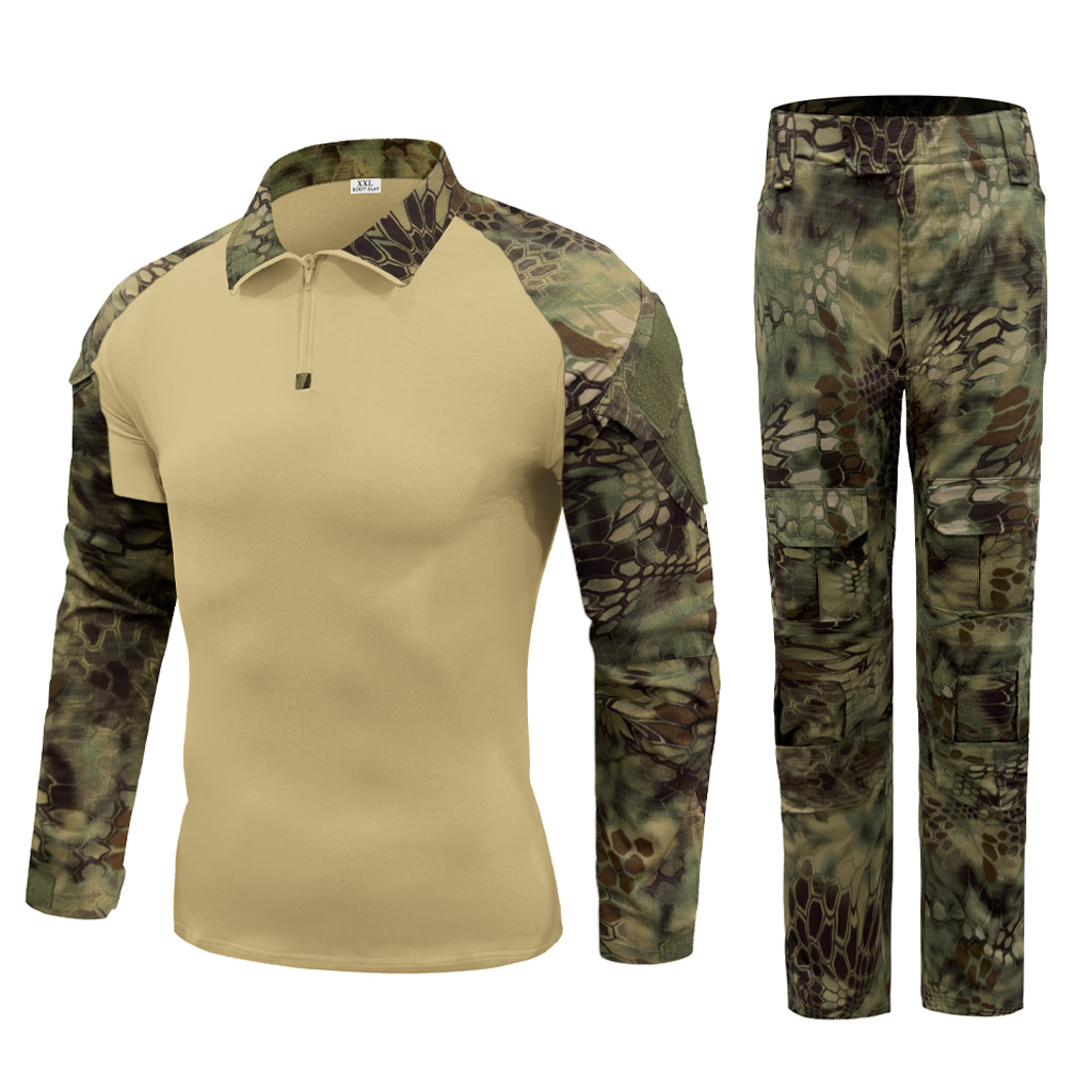 Front view of the complete custom woodland python camo G2 combat uniform, featuring the combat shirt and tactical pants with pad pockets.