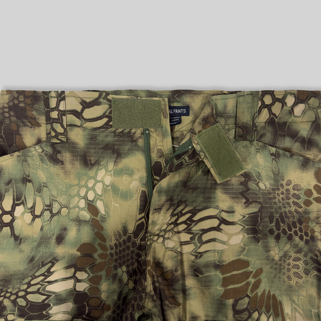 Close-up of the velcro-adjustable waistband on the custom woodland python camo G2 combat uniform trousers.