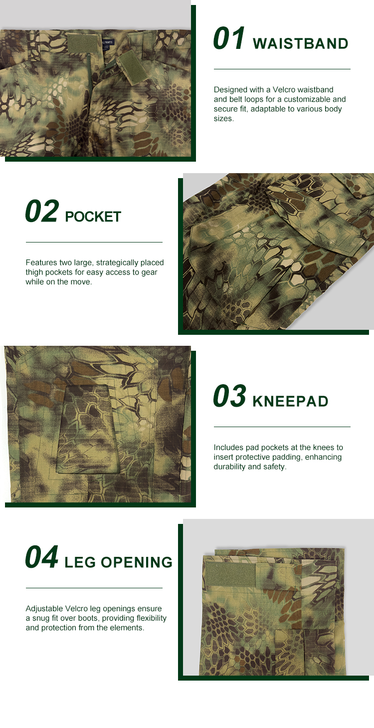 Detailed infographic of four G2 trouser features: velcro waistband, thigh pocket, knee pad pocket, and velcro leg opening.