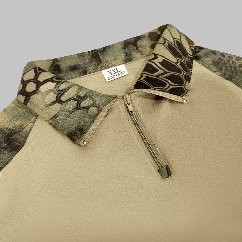 Close-up of the quarter-zip collar on the custom woodland python camo G2 long sleeve combat shirt.