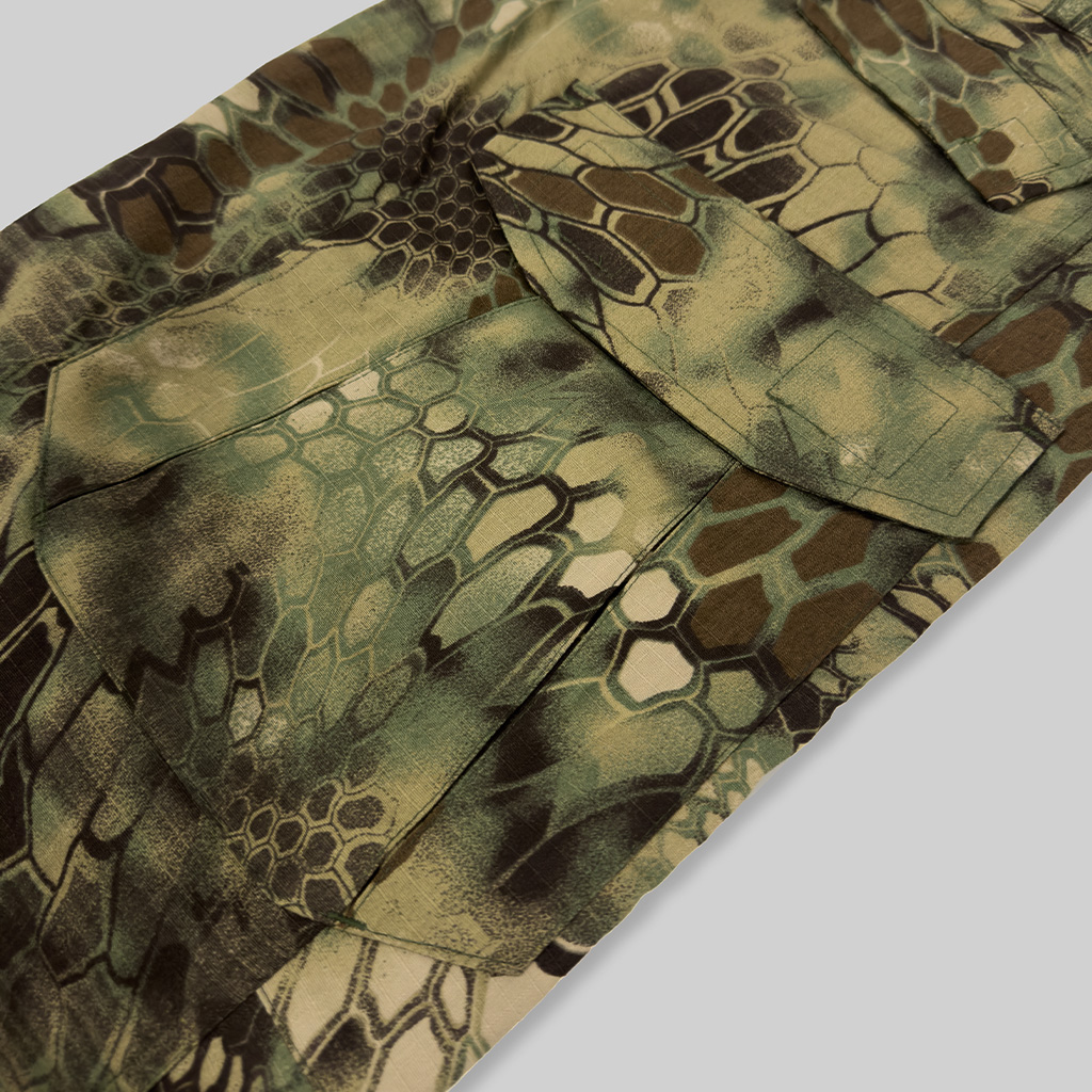 Close-up of the large thigh cargo pocket on the custom woodland python camo G2 combat uniform trousers.