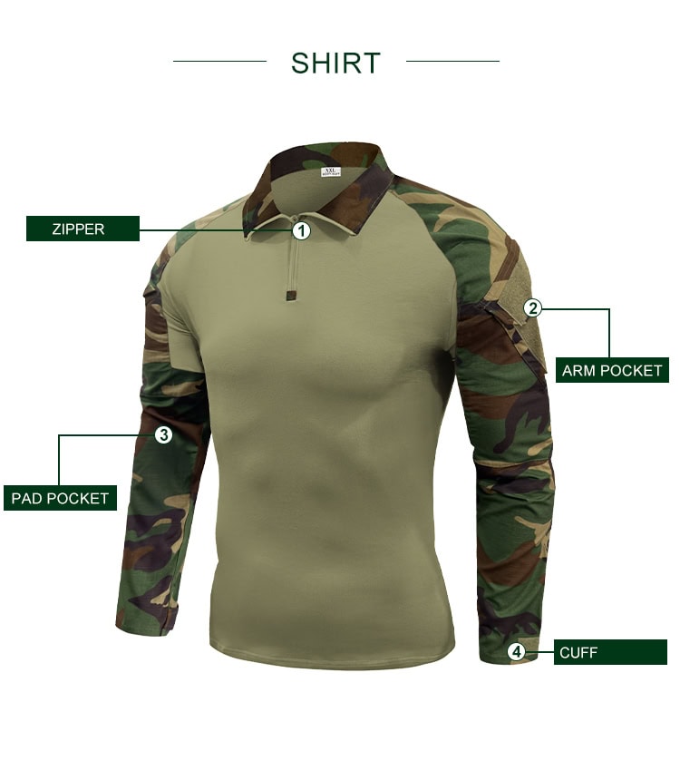 Infographic detailing the features of the custom woodland camo G2 combat shirt: zipper, arm pocket, pad pocket, and cuff.
