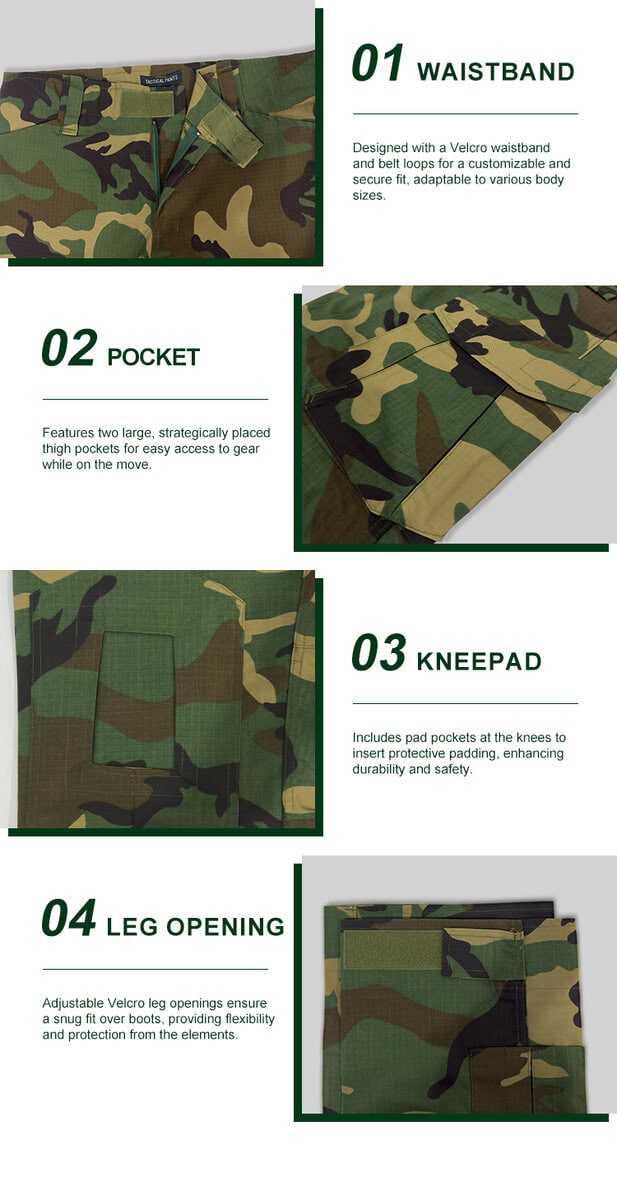 Detailed infographic of four G2 trouser features: velcro waistband, thigh pocket, knee pad pocket, and velcro leg opening.