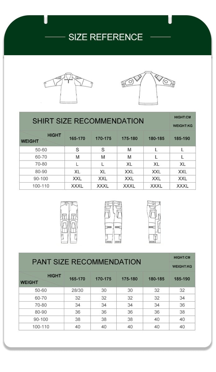 Full size recommendation chart with measurements for the custom woodland camo G2 combat shirt and trousers.