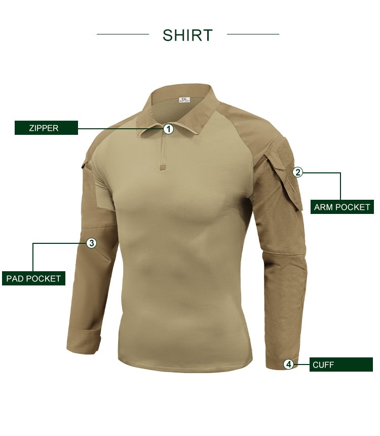 Infographic detailing the features of the custom khaki G2 combat shirt: zipper, arm pocket, pad pocket, and cuff.