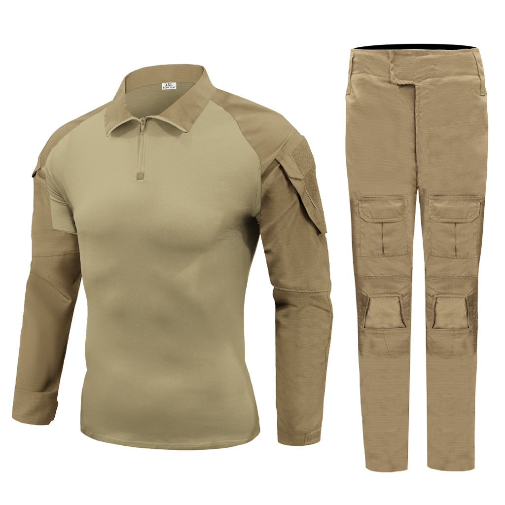 Front view of the complete custom khaki G2 combat uniform, featuring the tactical combat shirt and matching pants.