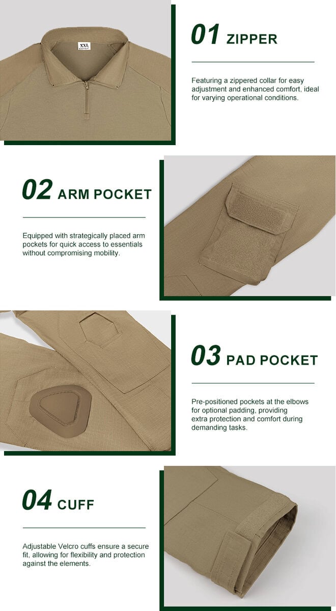 Detailed infographic of four khaki G2 combat shirt features: zippered collar, velcro arm pocket, elbow pad pocket, and velcro cuff.