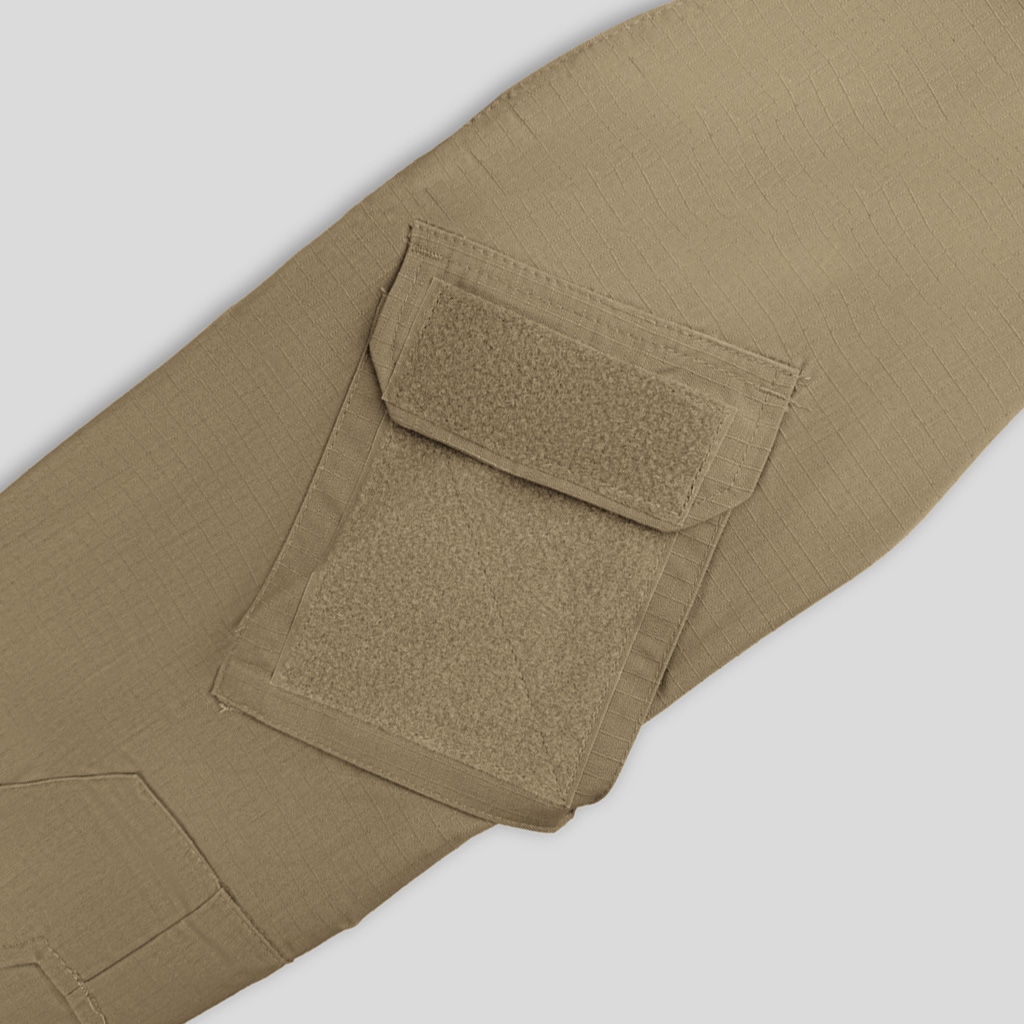 Close-up of the velcro arm pocket on the sleeve of the custom khaki G2 combat shirt.