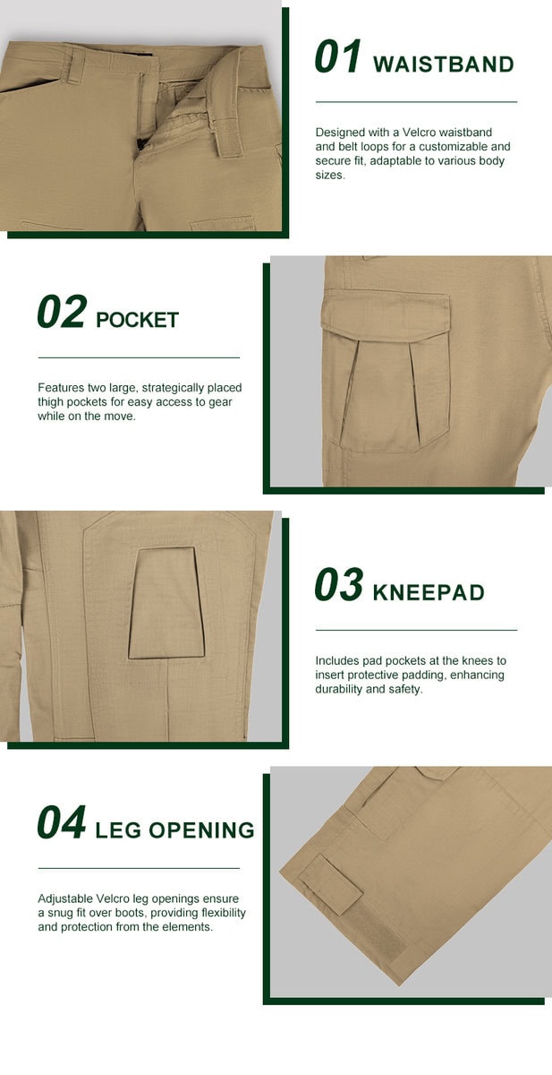 Detailed infographic of four khaki G2 trouser features: velcro waistband, thigh pocket, knee pad pocket, and velcro leg opening.