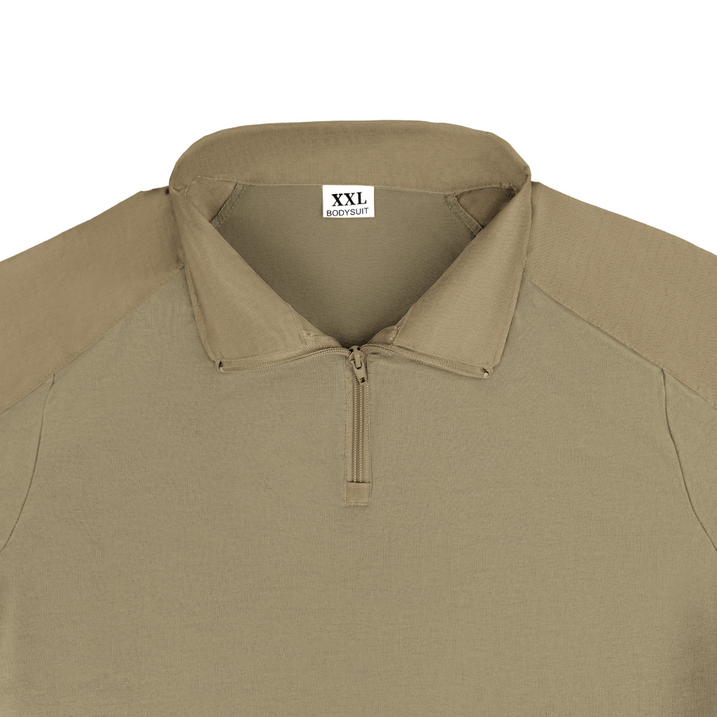 Close-up of the quarter-zip collar on the custom khaki G2 long sleeve combat shirt.