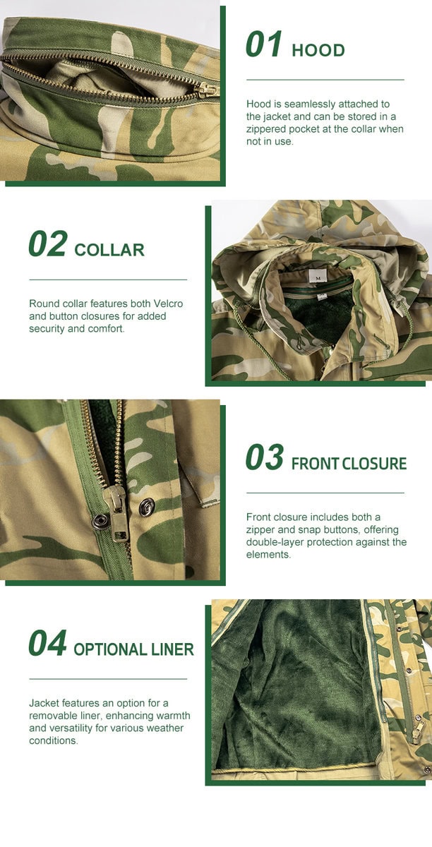 Detailed infographic of four M65 field jacket features: stowable hood, secure collar, front closure, and optional liner.