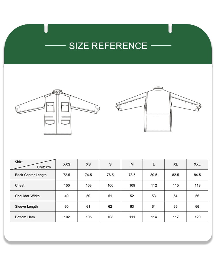 Full size reference chart with measurements for the custom Yemen camo M65 field jacket.