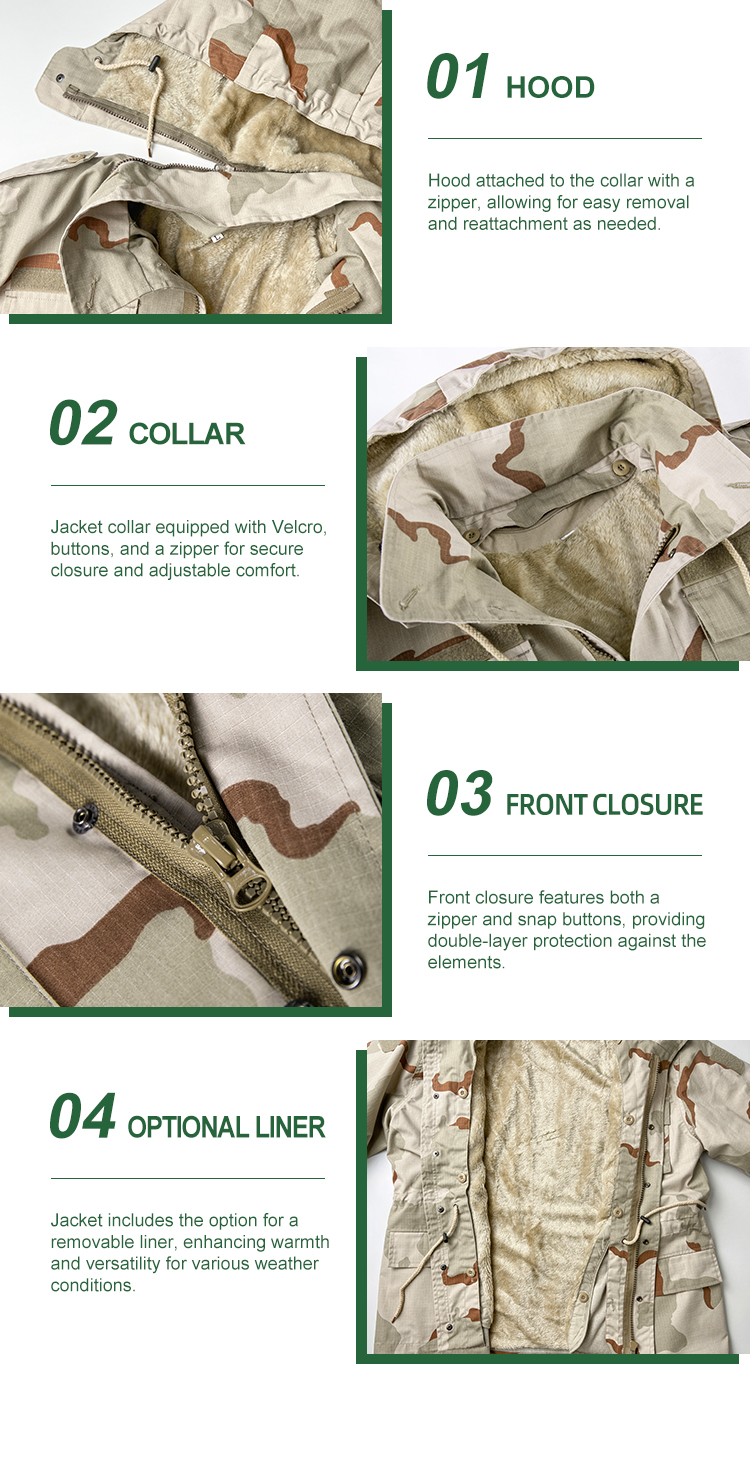 Detailed infographic of four M65 jacket features: detachable hood, secure collar, front closure, and optional liner.