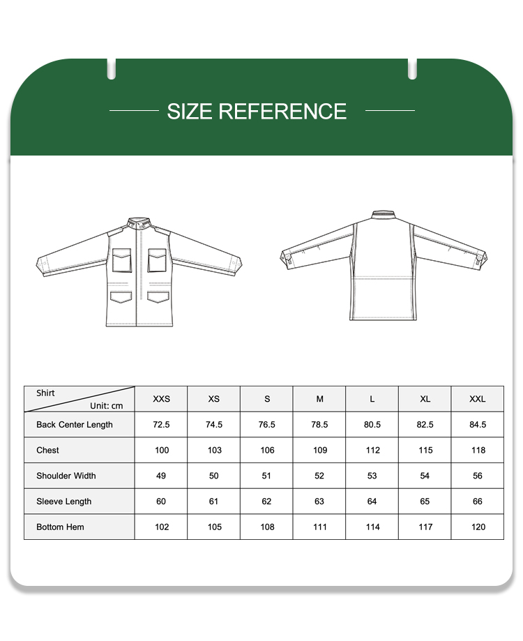 Full size reference chart with measurements for the custom tri-color desert M65 jacket.