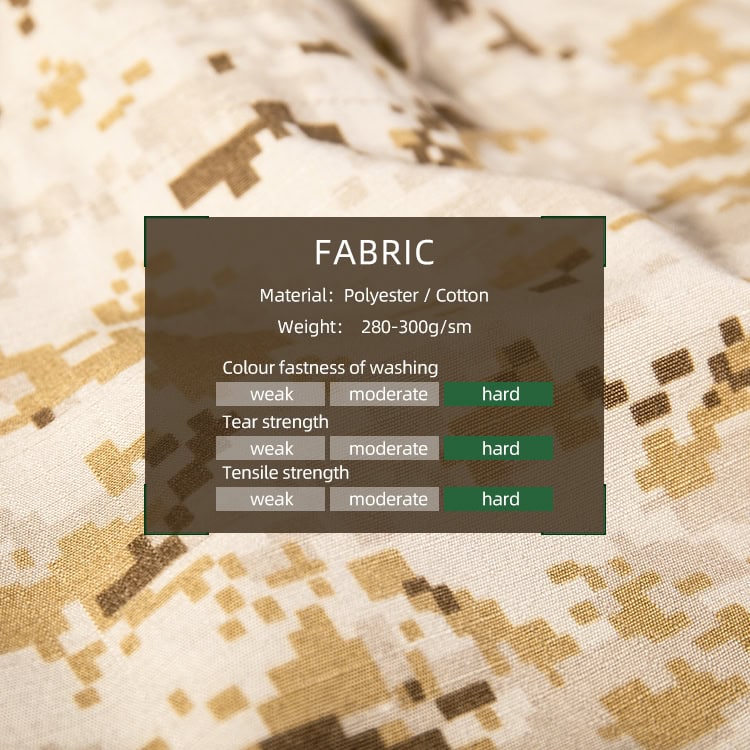 Chart of the durable poly/cotton fabric used for the custom digital desert M65 field jacket, showing hard ratings for strength.