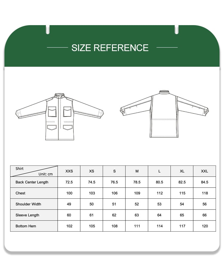 Full size reference chart with measurements for the custom digital desert M65 field jacket.