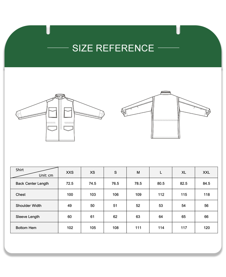 Full size reference chart with measurements for the custom olive green M65 field jacket.
