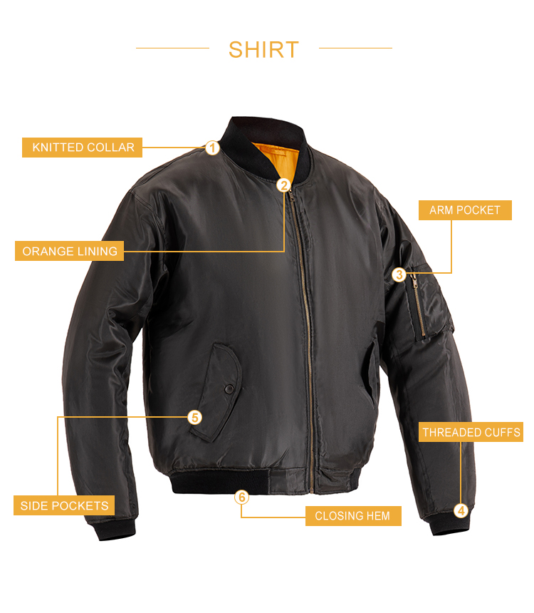 Infographic detailing the features of the custom black MA-1 flight jacket: collar, lining, arm pocket, cuffs, and hem.