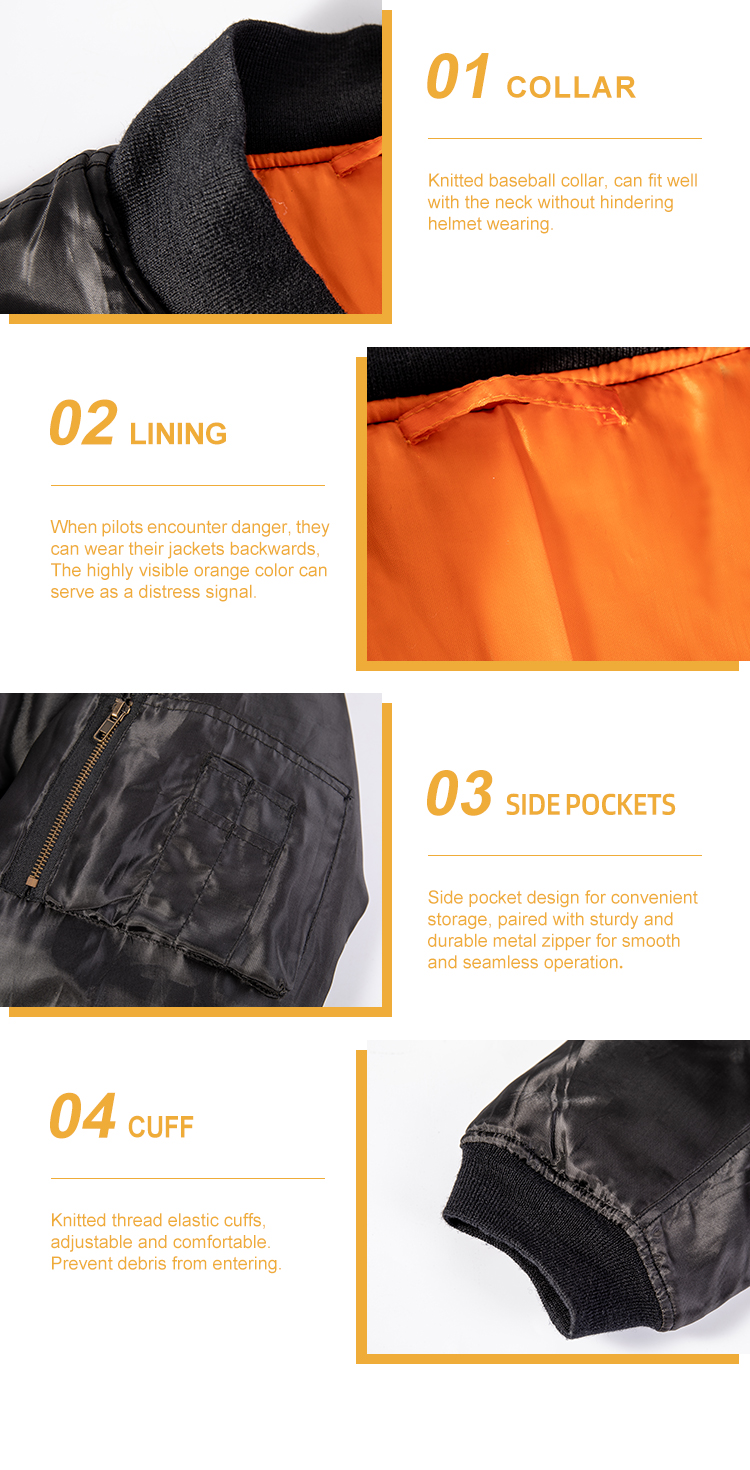 Detailed infographic of four MA-1 jacket features: rib-knit collar, orange lining, side pockets, and elastic cuff.