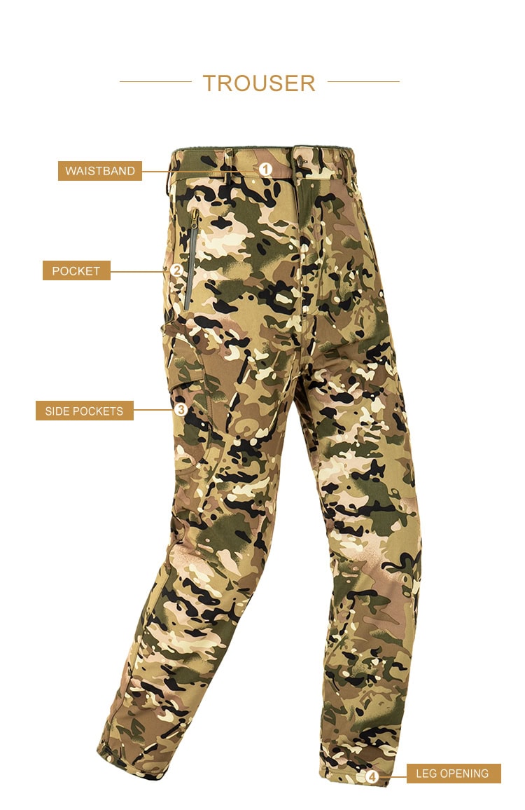Infographic of the custom CP camo softshell tactical trousers, highlighting the waistband, pockets, and leg opening.