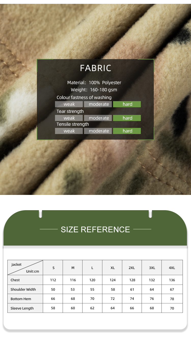 Chart of the durable polyester fabric and size reference table for the custom CP camo fleece tactical jacket.