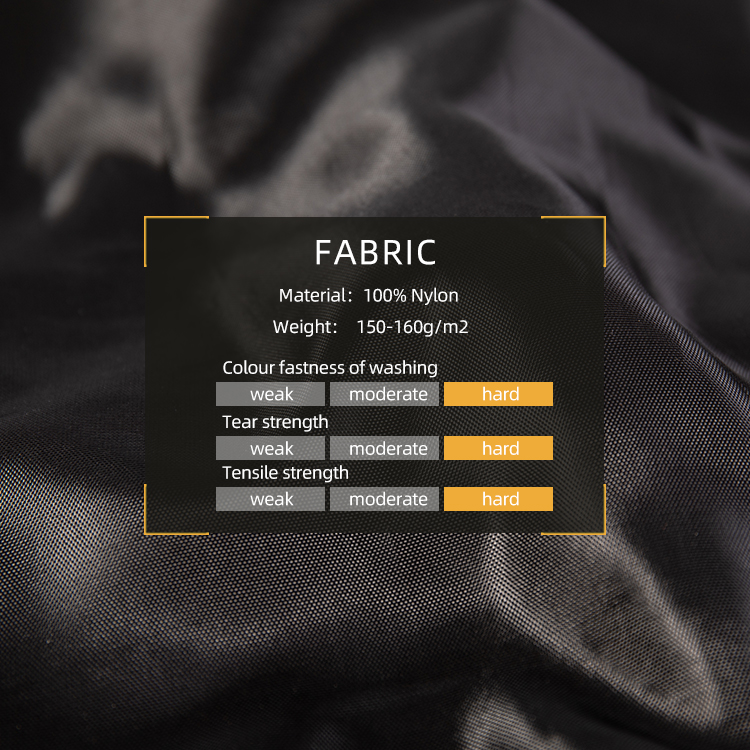 Chart of the durable 100% Nylon fabric used for the custom black MA-1 flight jacket, showing hard ratings for strength.