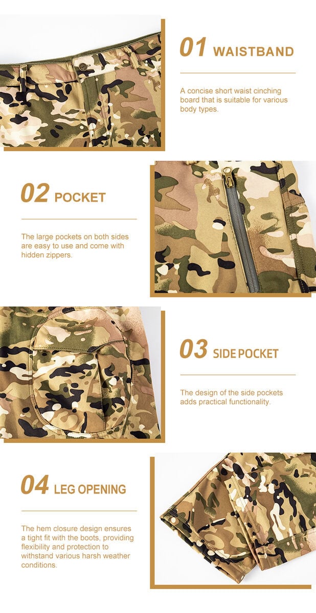 Detailed infographic of four softshell trouser features: waistband, zippered pocket, side pocket, and adjustable leg opening.
