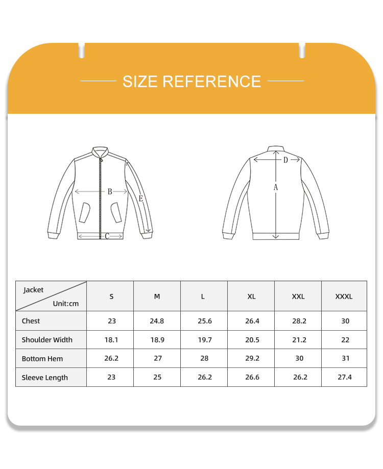 Full size reference chart with measurements for the custom black MA-1 flight jacket.