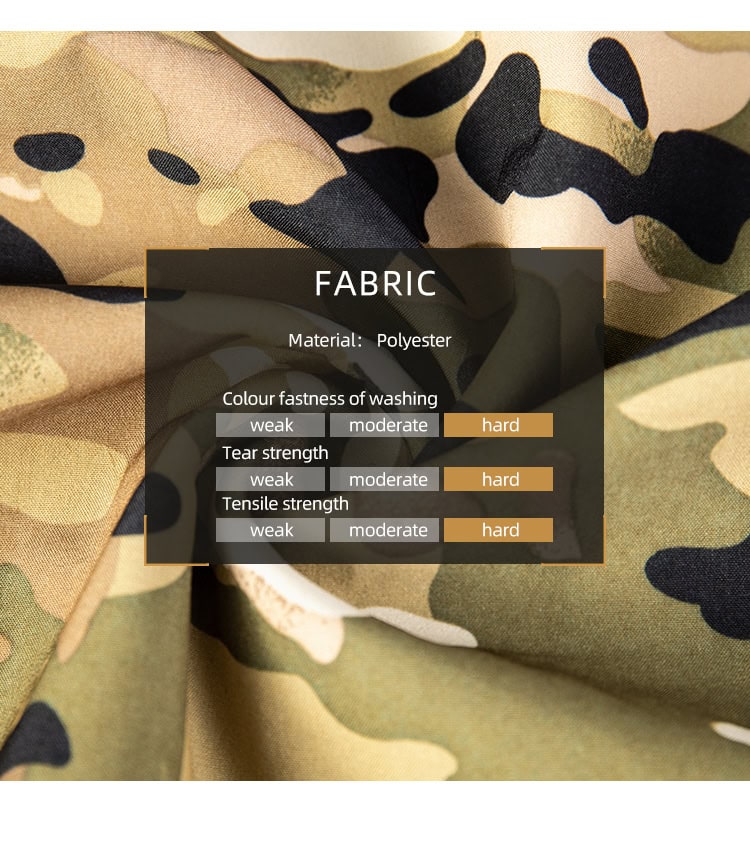Chart of the durable polyester fabric used for the custom CP camo softshell tactical uniform, showing hard ratings for strength.