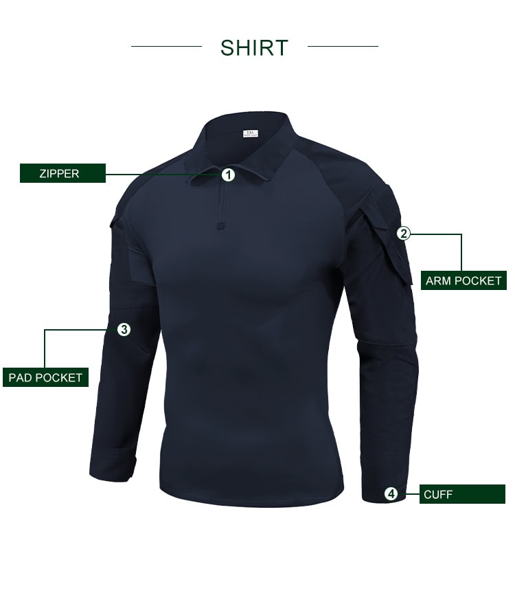 Infographic detailing the features of the custom navy blue G2 combat shirt: zipper, arm pocket, pad pocket, and cuff.