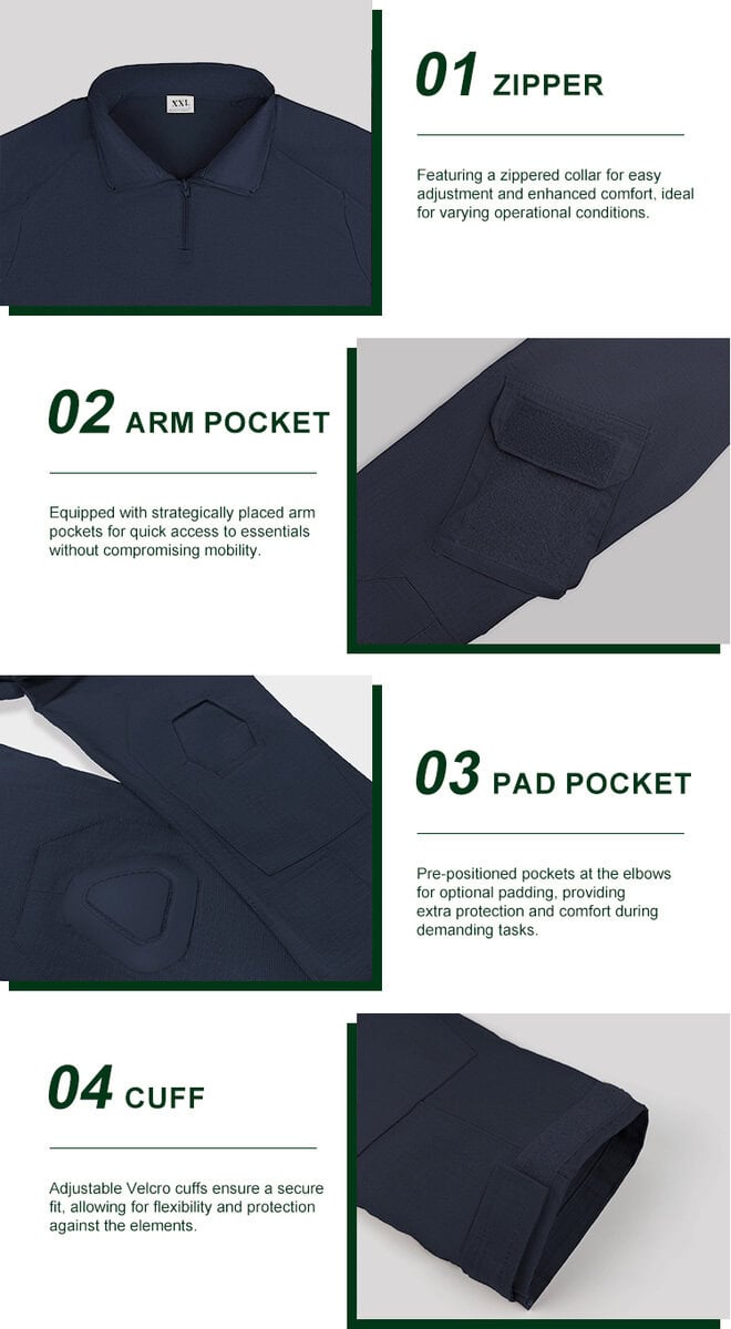 Detailed infographic of four navy blue G2 combat shirt features: zippered collar, velcro arm pocket, elbow pad pocket, and velcro cuff.
