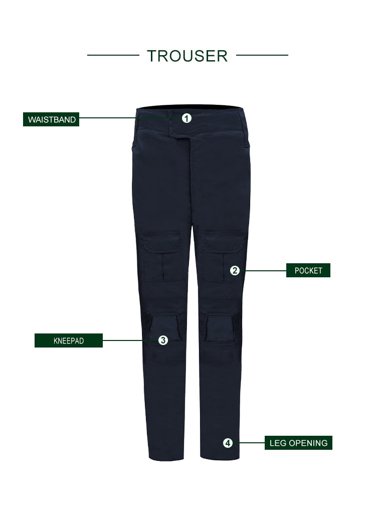 Infographic of the custom navy blue G2 combat uniform trousers, highlighting the waistband, pockets, knee pad, and leg opening.