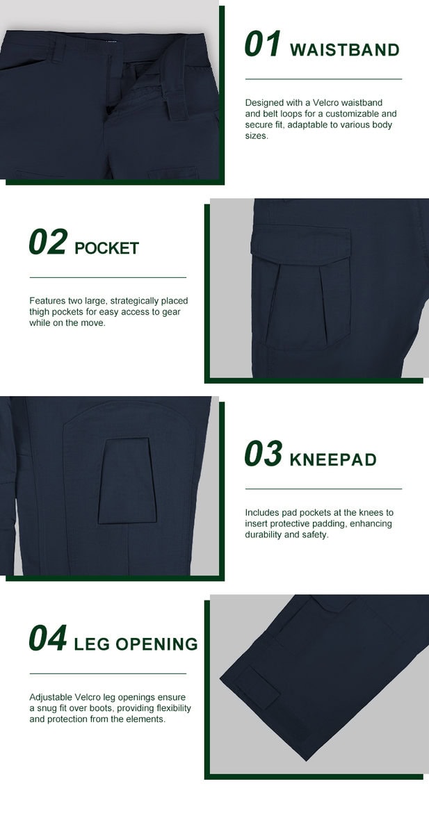Detailed infographic of four navy blue G2 trouser features: velcro waistband, thigh pocket, knee pad pocket, and velcro leg opening.