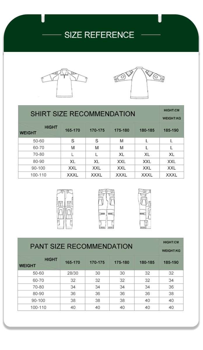 Full size recommendation chart with measurements for the custom navy blue G2 combat shirt and trousers.