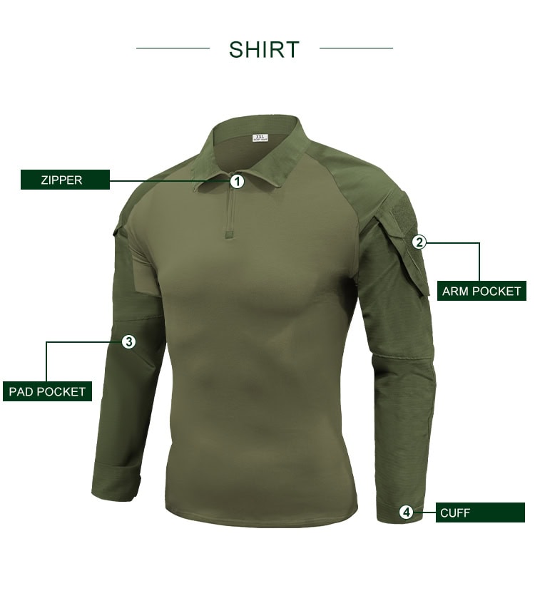 Infographic detailing the features of the custom olive green G2 combat shirt: zipper, arm pocket, pad pocket, and cuff.