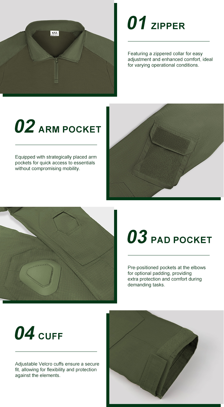 Detailed infographic of four olive green G2 combat shirt features: zippered collar, velcro arm pocket, elbow pad pocket, and velcro cuff.