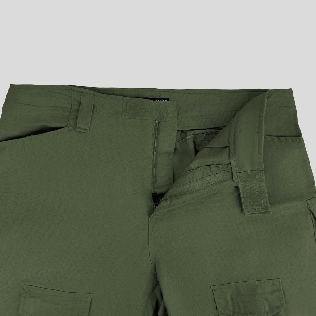 Close-up of the velcro-adjustable waistband on the custom olive green G2 combat uniform trousers.