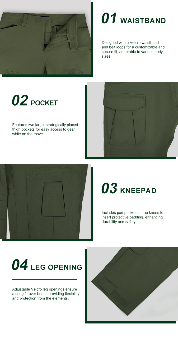 Detailed infographic of four olive green G2 trouser features: velcro waistband, thigh pocket, knee pad pocket, and velcro leg opening.