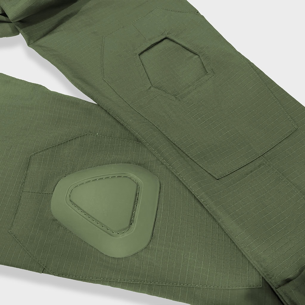 Detail of the integrated elbow pad pocket on the sleeve of the custom olive green G2 combat shirt.