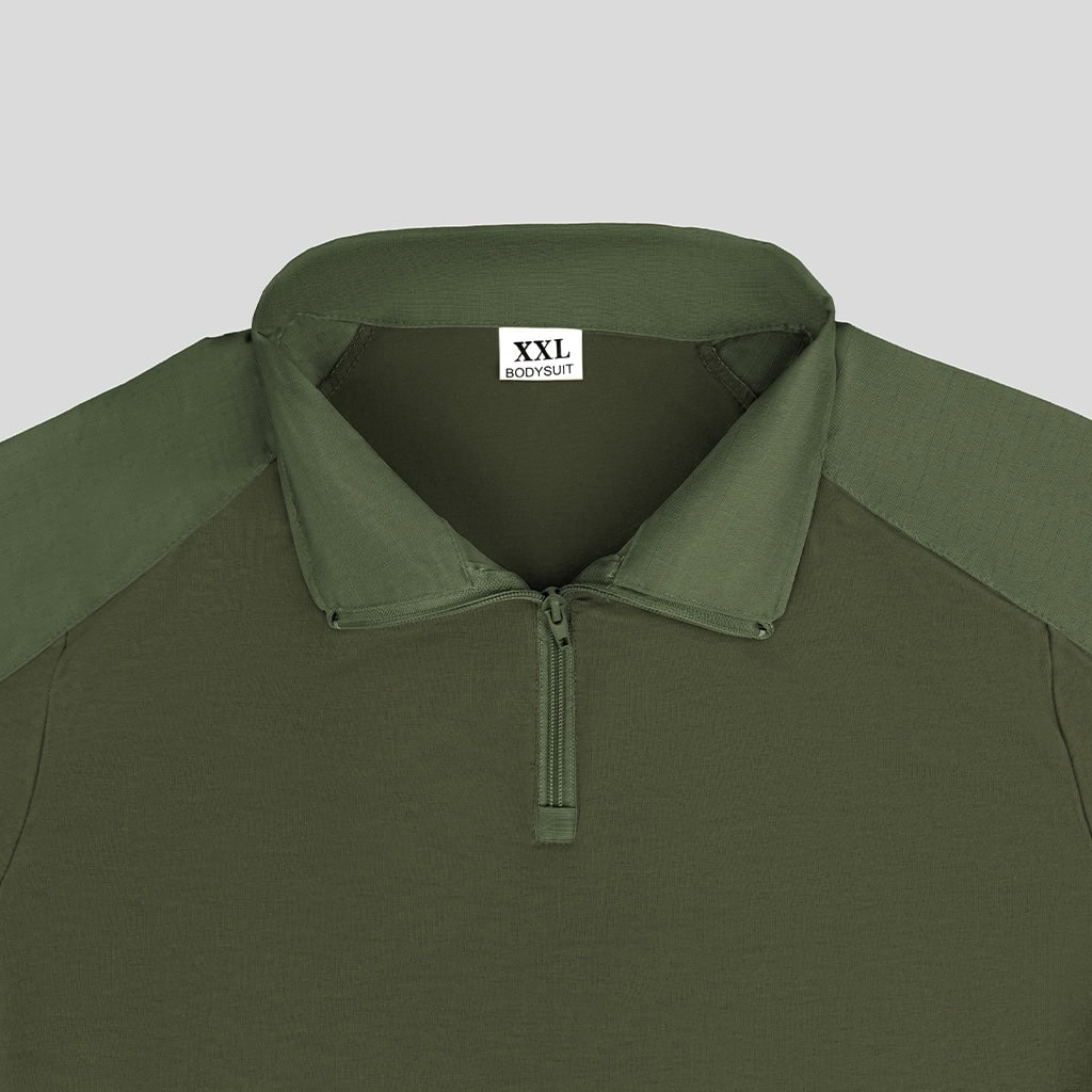 Close-up of the quarter-zip collar on the custom olive green G2 long sleeve combat shirt.