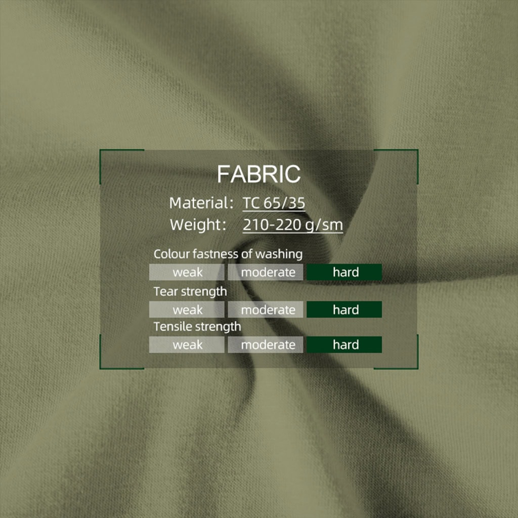 Infographic showing the durable TC 65/35 fabric specifications for the custom olive green G2 combat uniform.