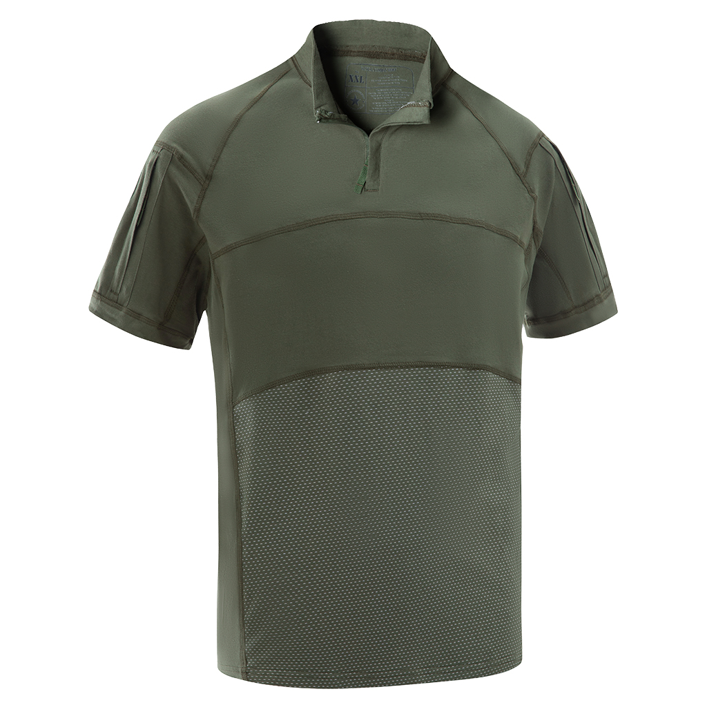 Front view of the custom olive green G4 short sleeve combat shirt with a breathable, multi-panel torso and solid green sleeves.