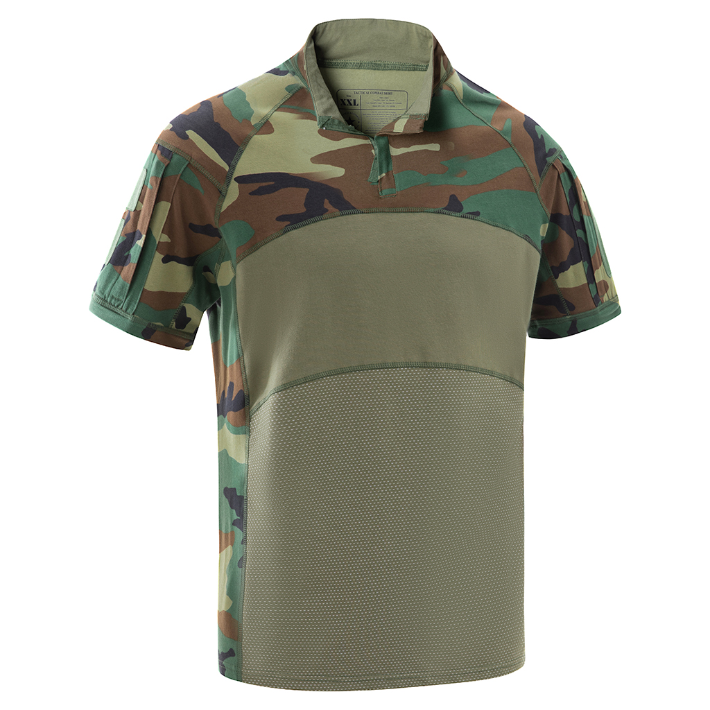 Front view of the custom woodland camo G4 short sleeve combat shirt with a breathable, multi-panel olive drab torso.