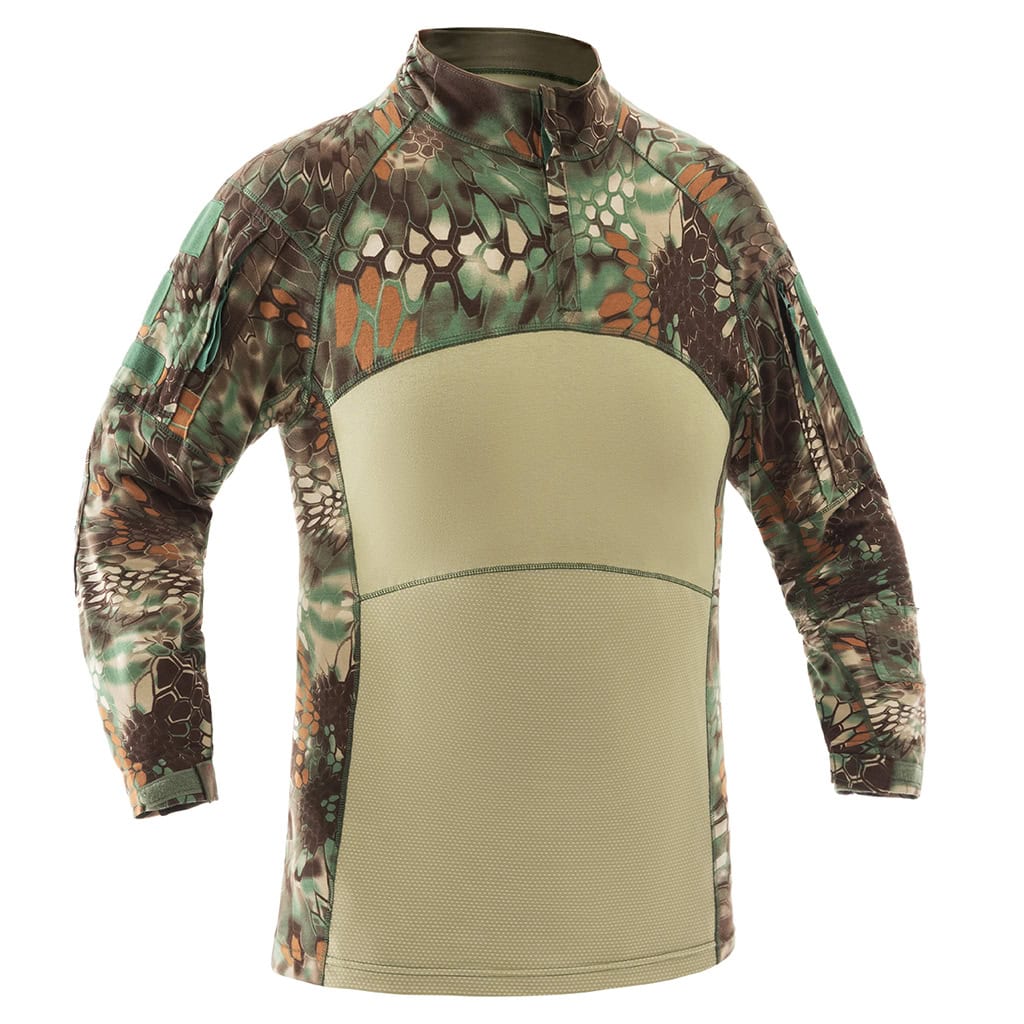 Front view of the custom woodland python G4 long sleeve combat shirt with a breathable, multi-panel tan torso.