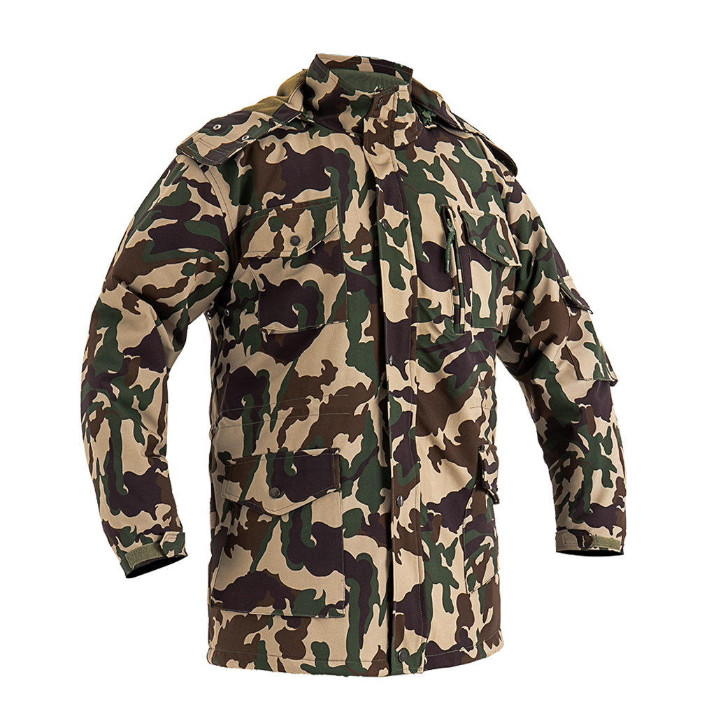 Front view of the custom Nepal camo parka jacket with a detachable hood and multiple large pockets.