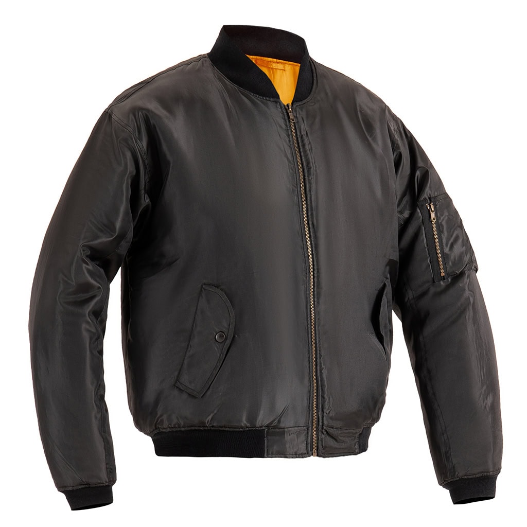 Front view of the custom black MA-1 flight jacket with a reversible orange lining and zippered sleeve pocket.