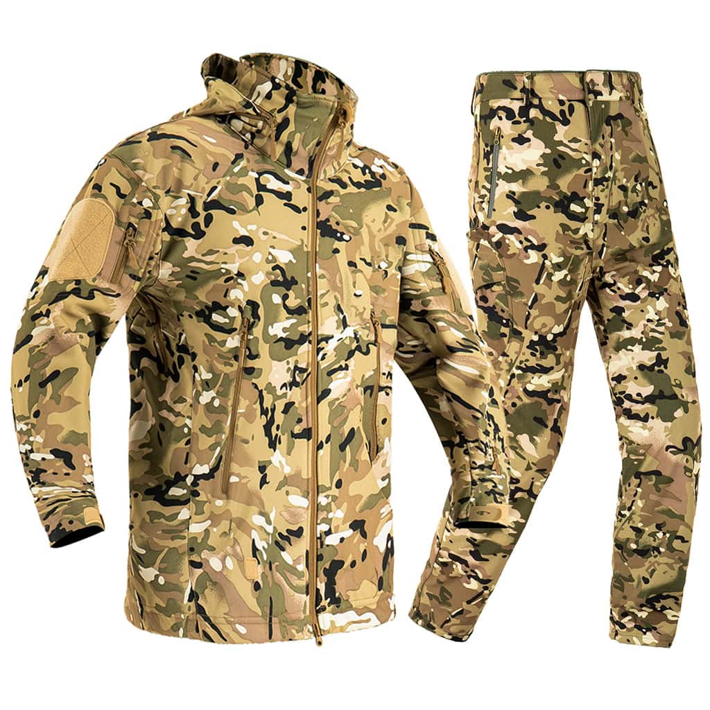Front view of the complete custom CP camo softshell tactical uniform, featuring the fleece-lined jacket and matching pants.